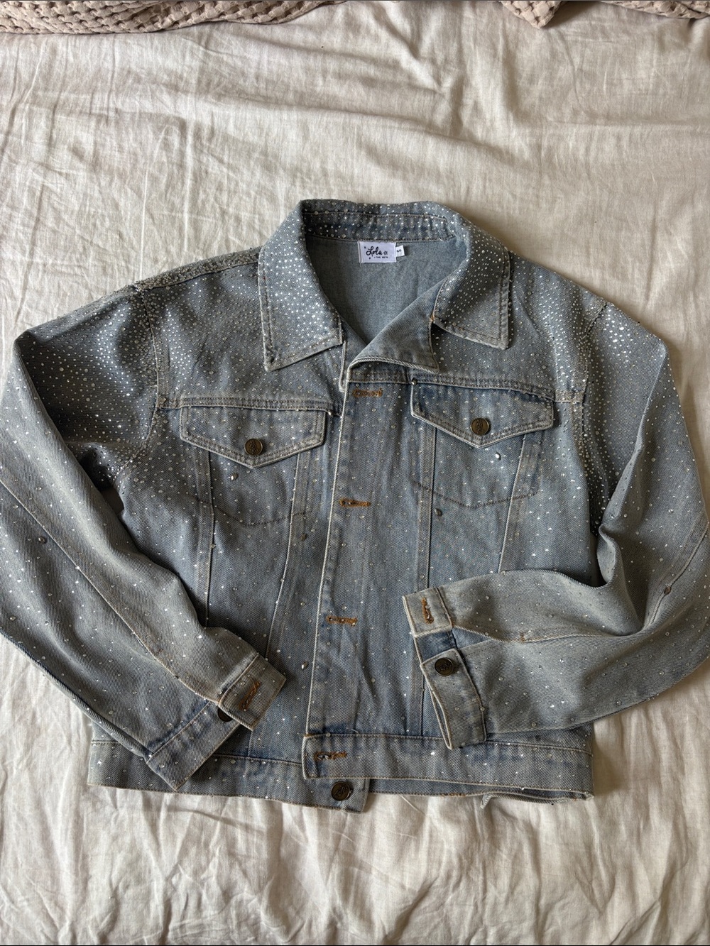 Mia Light Blue Distressed Denim Jacket with Metallic Speckle